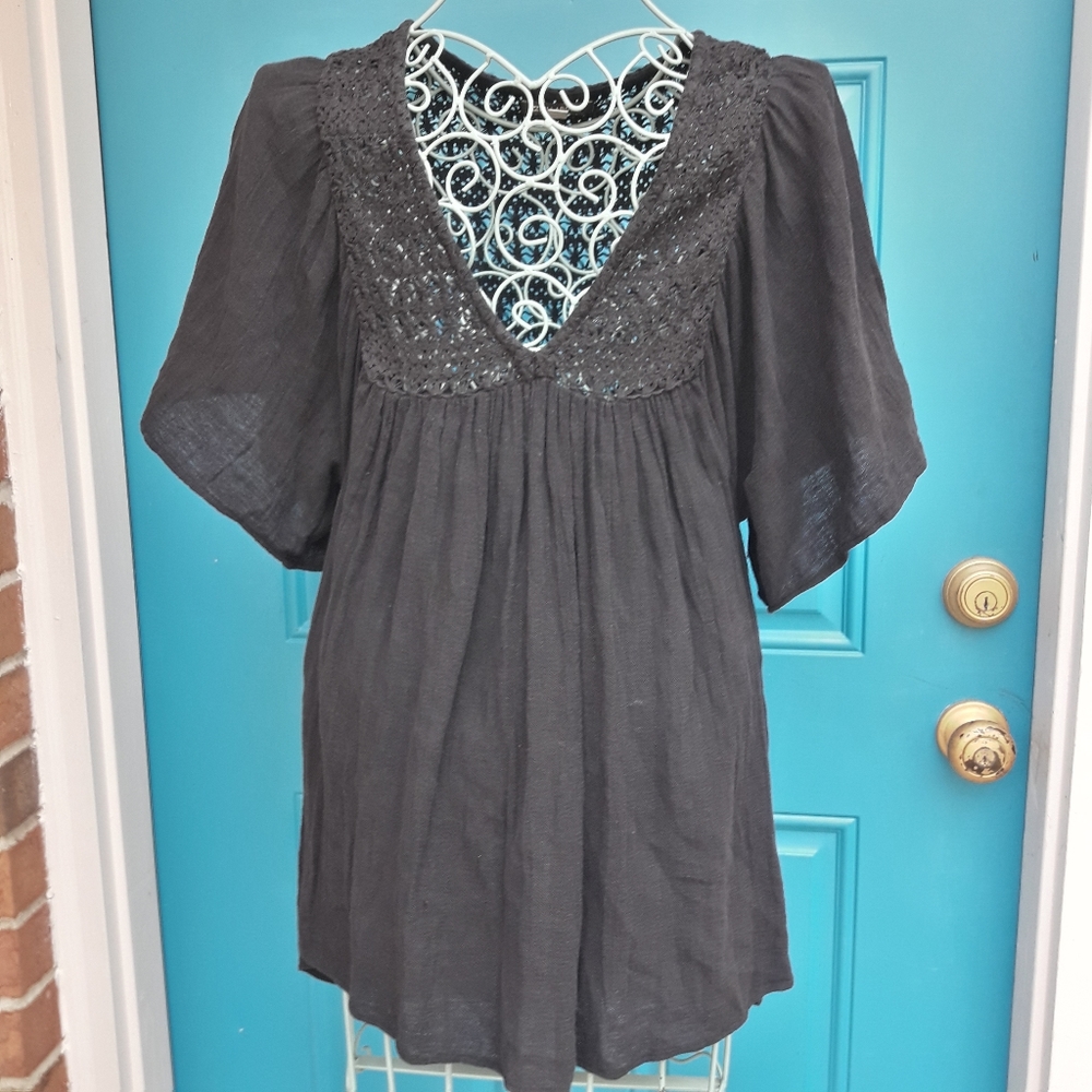 Boho Top Crochet All Cotton Loose Fit Mesh Short Sleeve VNeck Embroidered SM - Picture 12 of 12